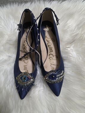 Sam Edelman Navy Pointed Toe Beaded Ankle-Strap Flats